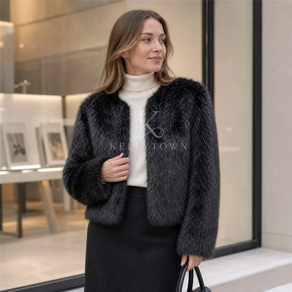 Women Faux Fur Jacket Plush O-Neck Open Front Full Pelt Flare Sleeve Long Sleeve Loose Bat Sleeved Elegant Winter куртка женская