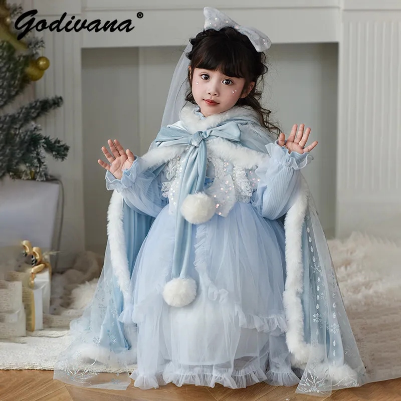 Original Authentic Baby Girls High End Elegant Cape Cloak Kids Spring Thickened Mesh Sequin Hooded Windproof Outerwear Cape