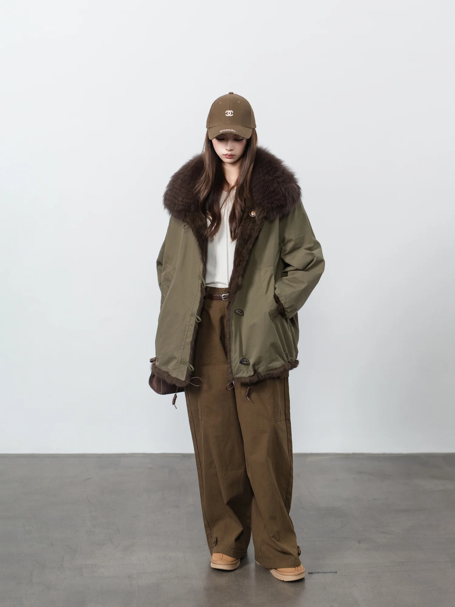 

Double-Sided Wear Fur Collar Rabbit Fur Inner Coat Loose Long-Sve Stand Collar Women's CleanFit Mid-Length Jaet