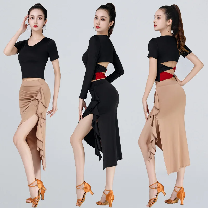 

Юбка для латинских танцев для взрослых, облегающая бедра, новая короткая юбка с рюшами, одежда для тренировок и соревнований