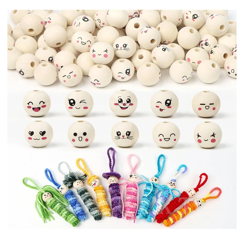 10 Styles Wooden Beads With Face, Pack Of 100 Wooden Balls With Face 20 Mm With Hole, Wooden Heads With Face For Crafts