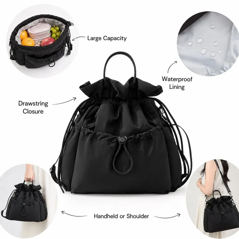 Wasserdichte Isolierte Lunch-Tasche mit Kordelzugverschluss Mehrere Taschen Tragbare Lunch-Tasche mit Griff Große Kapazität – Detail 3