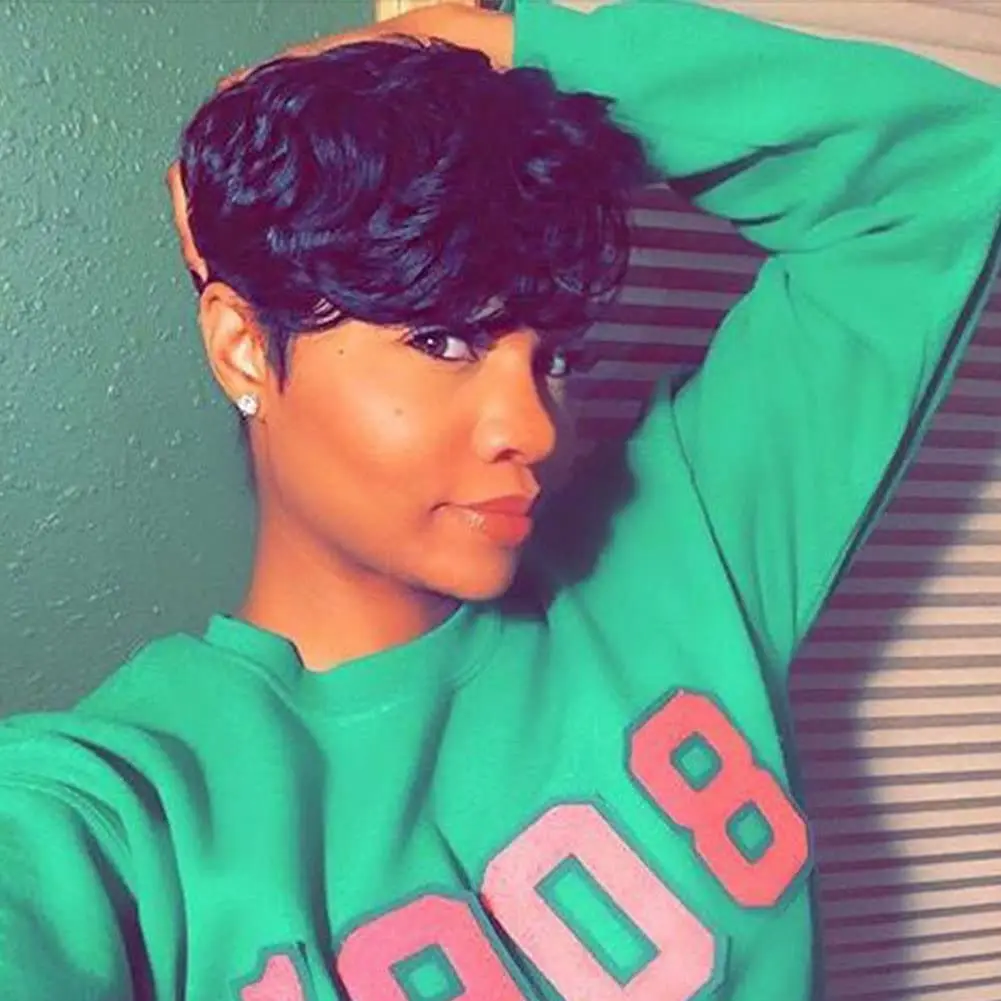 Pixie-Cut-Perücken für Damen, Echthaar, kurze Bob-Perücke mit Pony, geschichtete Pixie-Cut-Perücke, 9A brasilianisches Echthaar, vollständig maschinell gefertigte Perücke – Detail 6