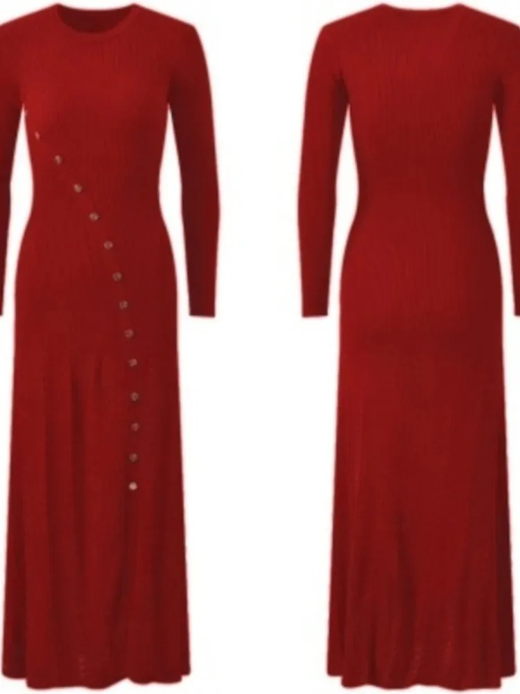 ผู้หญิงฤดูใบไม้ร่วงถัก Midi ชุด O-คอเดี่ยว Slim แยกสีทึบ Elegant Dresses Femme แฟชั่นงานแต่งงานพรหมเสื้อผ้า