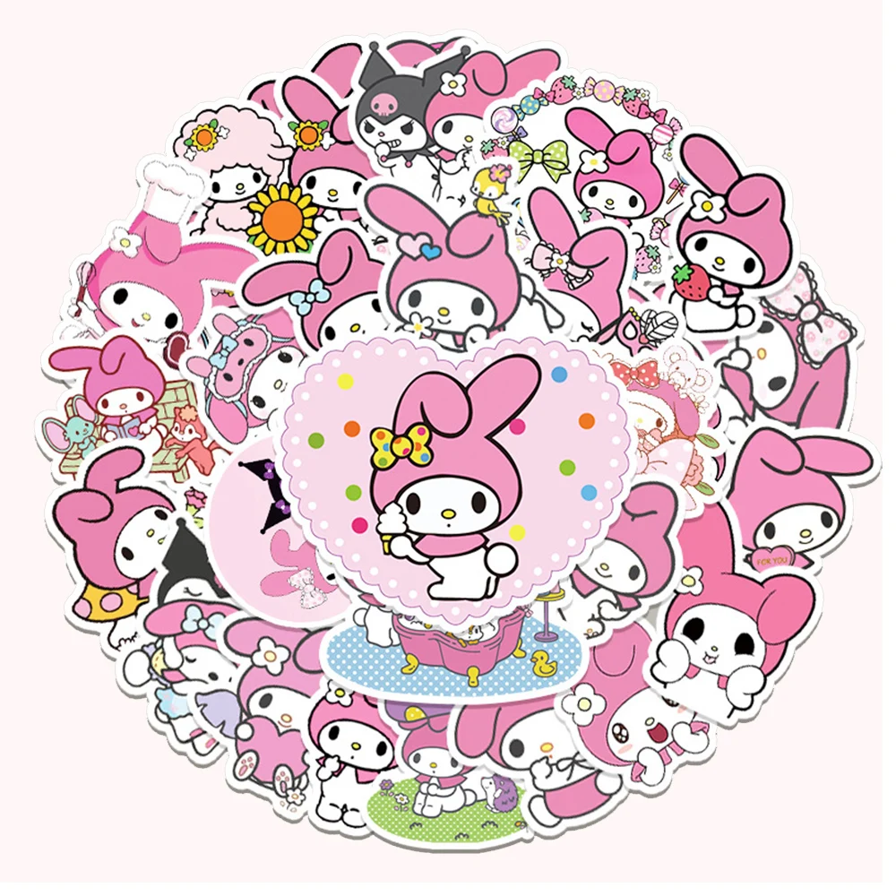 Cute Sanrio Anime Adesivos para Crianças, Decalques Kawaii, Minha Melodia, Caixa Do Telefone DIY, Garrafa De Água, Scrapbook, Adesivo Engraçado Dos Desenhos Animados, 10 Pcs, 30 Pcs, 50Pcs