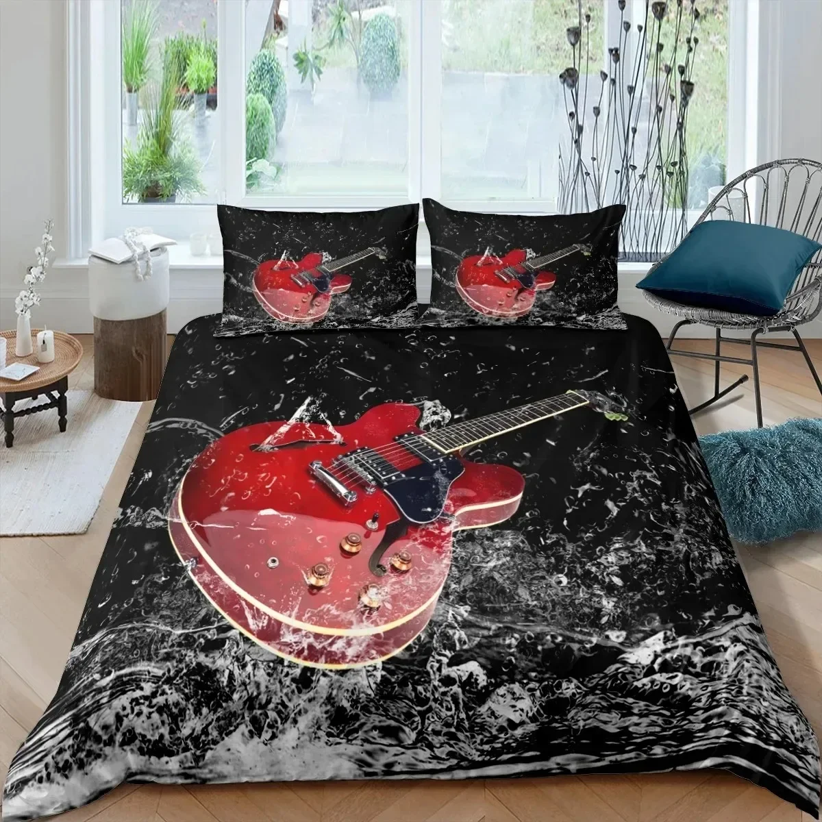 

Rock Music King Queen Duvet Cover Electric Guitar Punk Style Bedding Set Youth Fashion Hip Hop Polyester Comforter Cover
