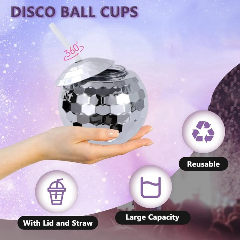 A25F-9 PCS Disco Ball Cups, 20 OZ Disco Cups With Straws And Lid, Reusable Flash Ball Tumbler Cocktail Cup For Partys Bar