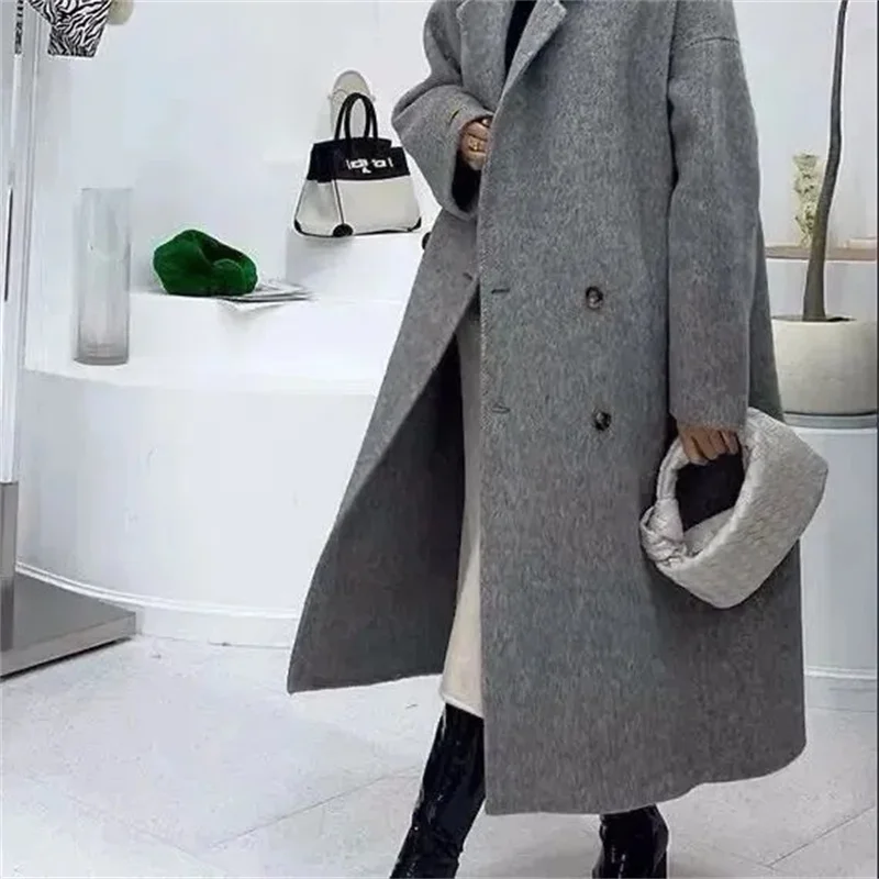 Manteau en cachemire double face pour femme, manteau à double boutonnage, long et solide, vintage, document, mode, hiver, 2025