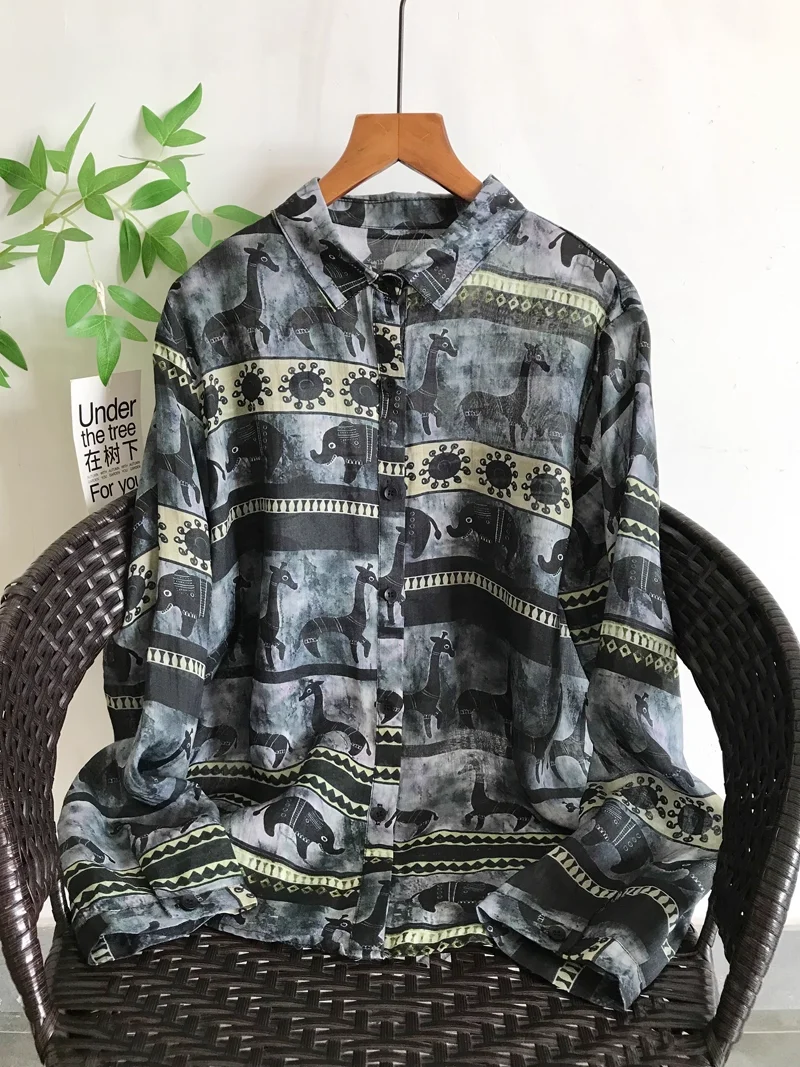 

Elegant woman shirts 2025 autumn 100% ramie print shirts long sleeve blouses Mexican style ethnic pure ramie shirts