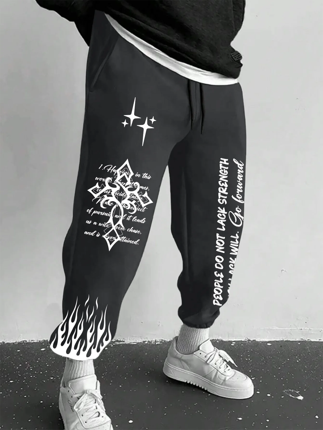 Men's Retro Vintage Script Letter Flame Graphic Joggers Elastic Cuff Sweatpants Popular Streetwear Casual Pants