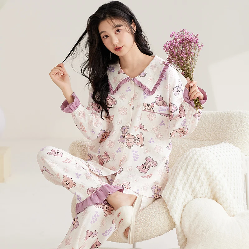 Pink Cute Bear Pajamas Set Women Long Sleeves Long Pants Autumn Winter Kawaii Sleepwear Soft Pyjamas Girl Pijamas Cozy Cotton Pj