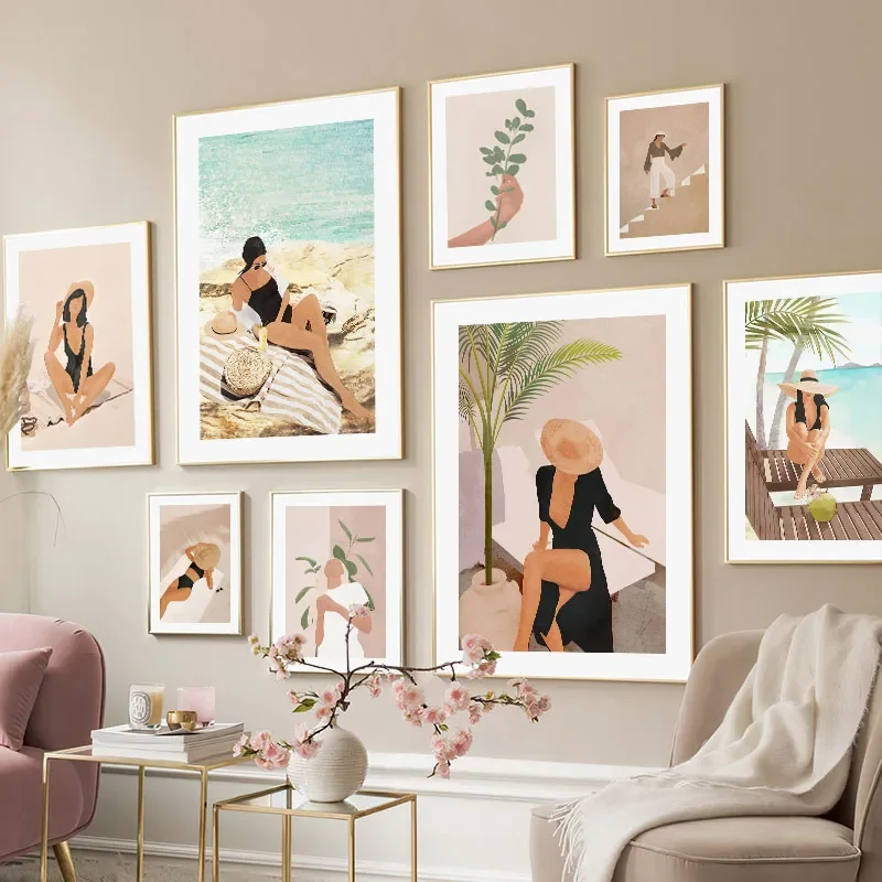 1pc frameless Canvas Painting Fashion Girl Sea Coffee Leaves Illustration Wall Pop Art Canvas Painting Nordic Poster And Prints