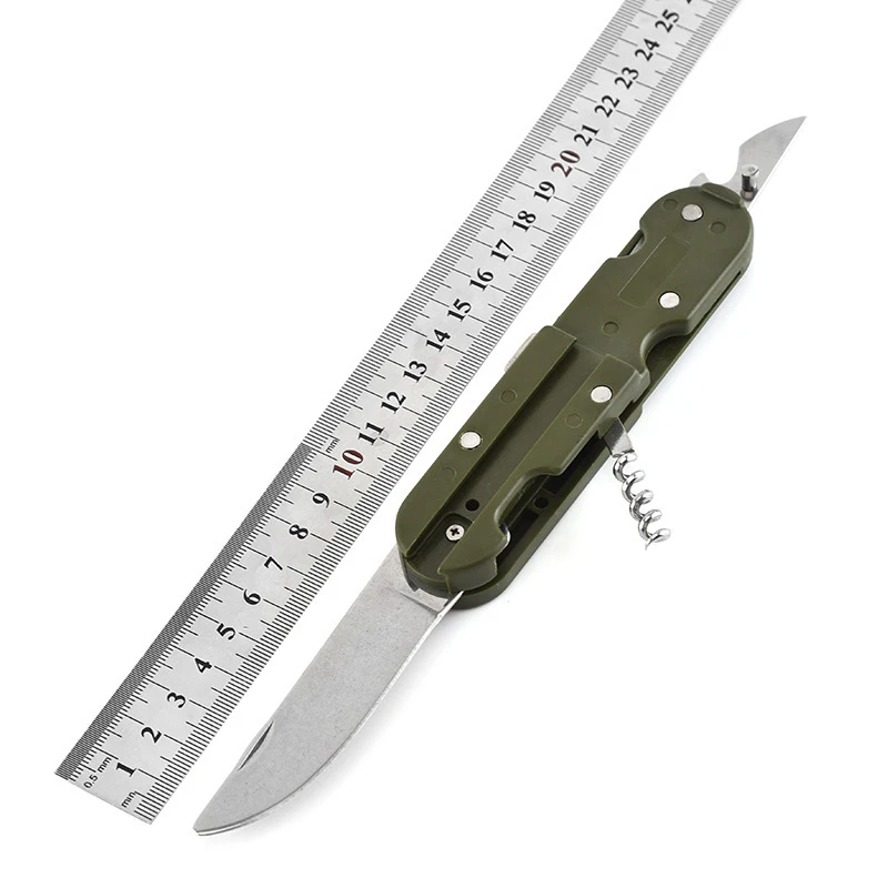 Cuchillo de Picnic plegable para acampada, cuchillo portátil de acero inoxidable, tenedor verde militar, cuchara, abrebotellas, vajilla, Kit de viaje