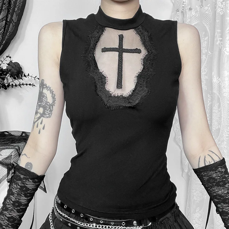 ISAROSE Summer Gothic Tops for Women Black Solid Color Sleeveless Low Cut Mesh Embroidery Cross with Lace Stretch Tank Tops