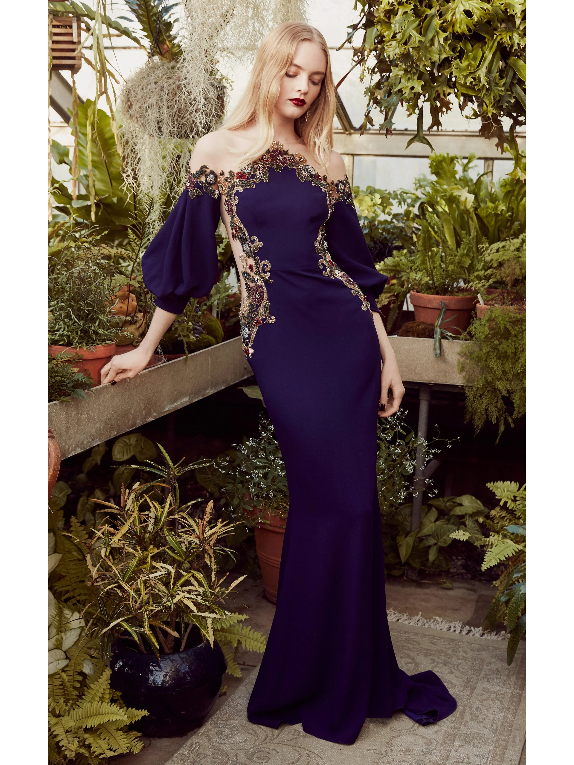 Marchesa  Navy Blue Long Sleevs With Gold Beaded mermaid  فساتين السهرة vestidos de fiesta  فساتين سهره evening dresses