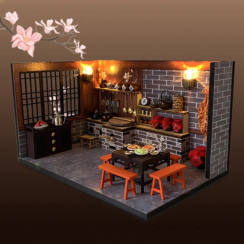 

DIY Wooden Miniature Chinese Kitchen Room Doll House Kits Casa Furniture Villa Dollhouse Assembled Toys for Adults Xmas Gifts