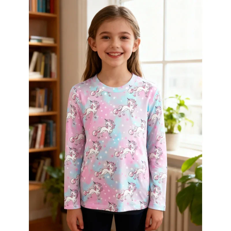 

Girls' Trendy Casual Shirt 2026 Cute Unicorn Print Long Sleeve Top with Colorful Tie-Dye Star Pattern for Kids