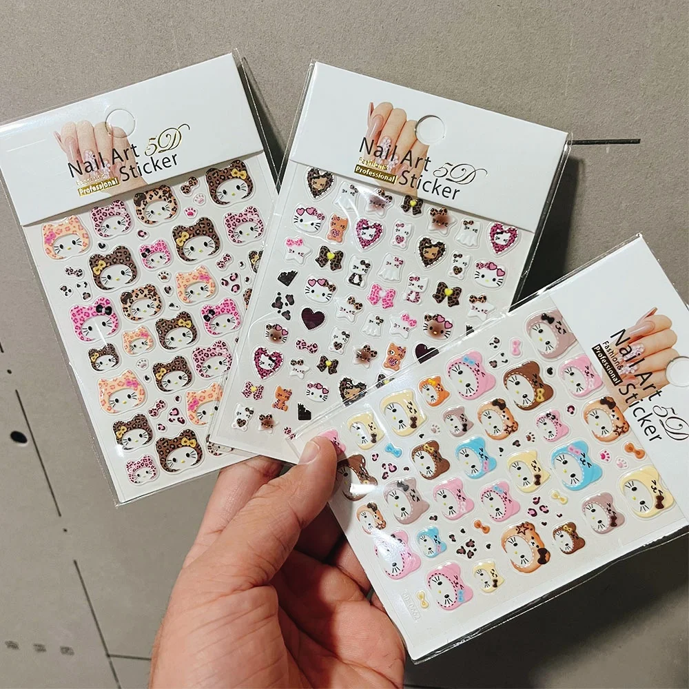 

2/3 шт. 5D леопардовый принт Hello Kitty шляпа наклейки для ногтей леопардовая голова котенка бант сердце клейкие наклейки KT шарф кепка маникюрные слайдеры