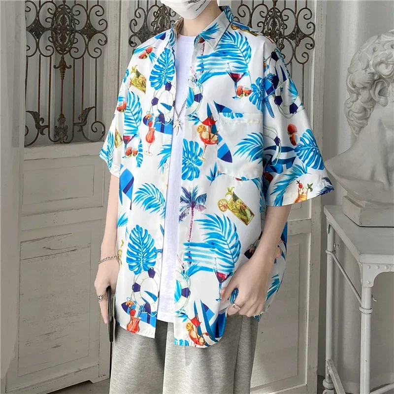 2025 verão homens camisas havaianas moda impressa manga curta lapela topos casual blusa solta masculino praia férias camisas florais