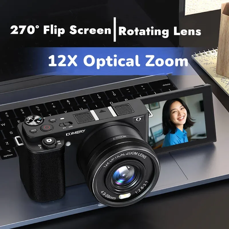 5K HD Digital Cameras for Photography 12X Optical Zoom Video Auto Focus Anti-Shake 72MP Compact Vlogging Camera 270° Flip Screen