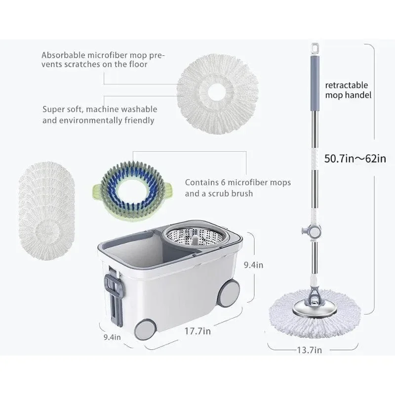منظف الأرضيات الدوار Spin Mop Pro 360 مع 6 عبوات من الألياف الدقيقة، مقبض قابل للتعديل مقاس 62 بوصة لتنظيف المطبخ المنزلي والحمام