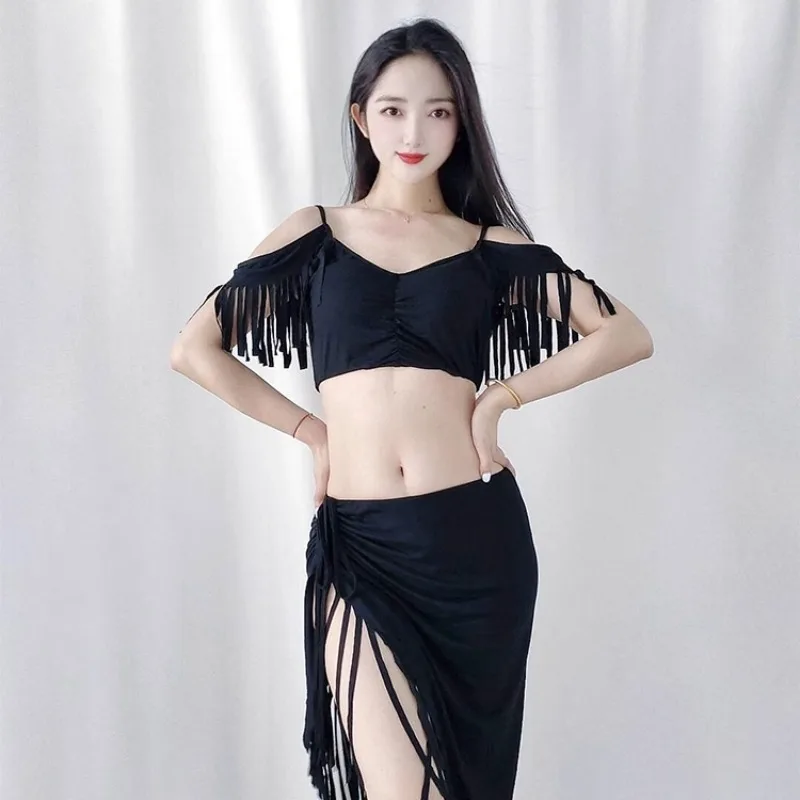Costumi di danza del ventre personalizzati Abito da pratica Abito da performance ispiratore con striscia infrangia modale Gonna con nappe fatta a mano