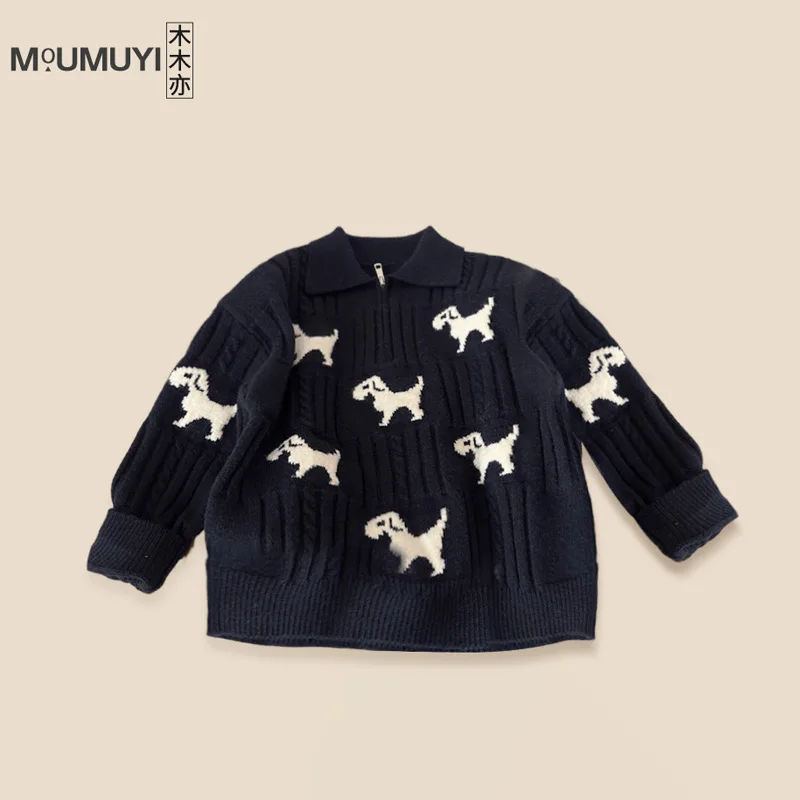 2025 Children Boys Spring Autumn Sweater Polo Collar Dog Embroidery Kid Boys Pullover Casual Soft Toddler Baby Boys Long Sleeves