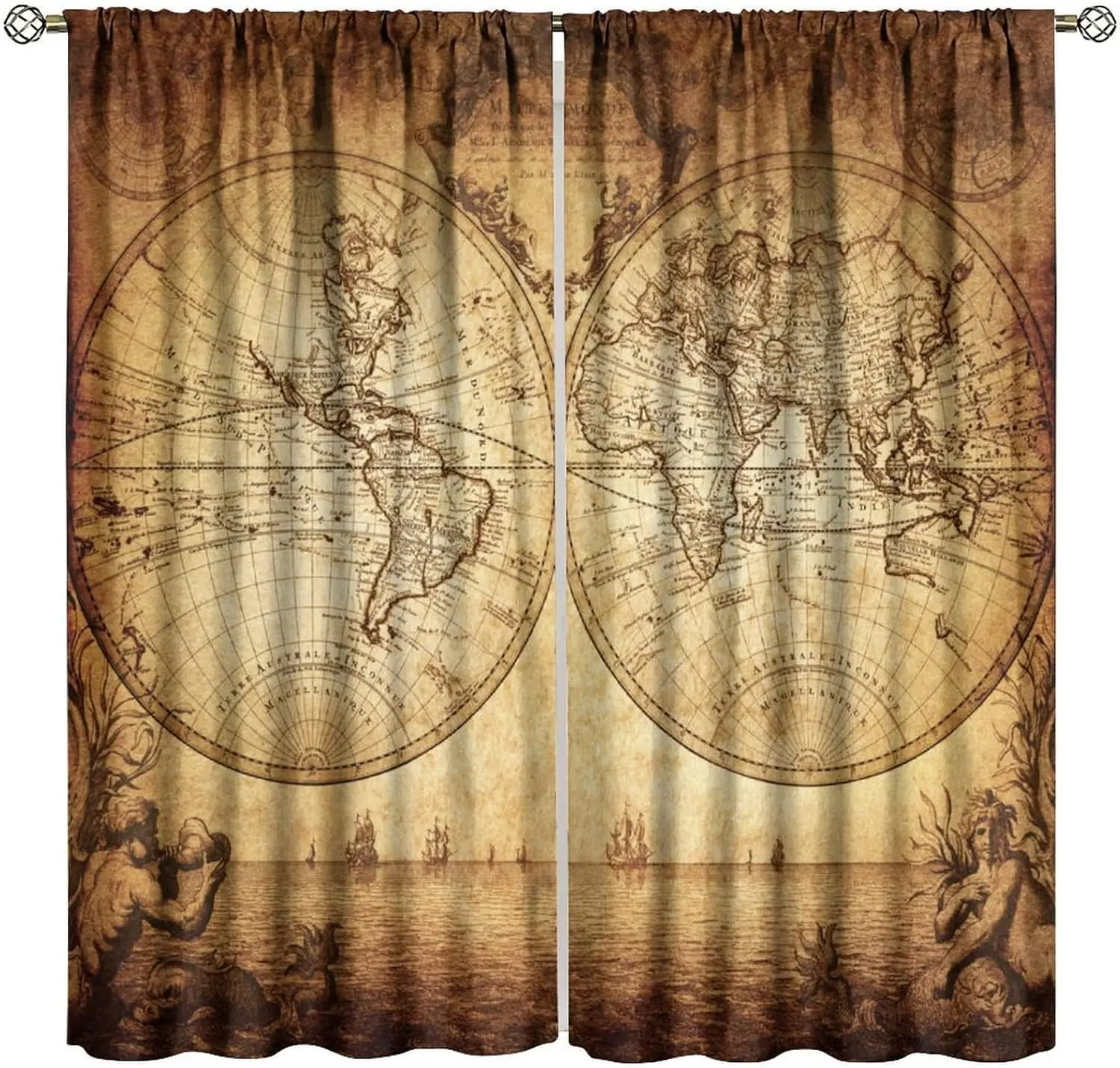 Vintage Map Curtains,Old Map Pirate Ship Pattern Decor Print Window Drapes for Bedroom Living Room Home Kitchen 42x45 Inch