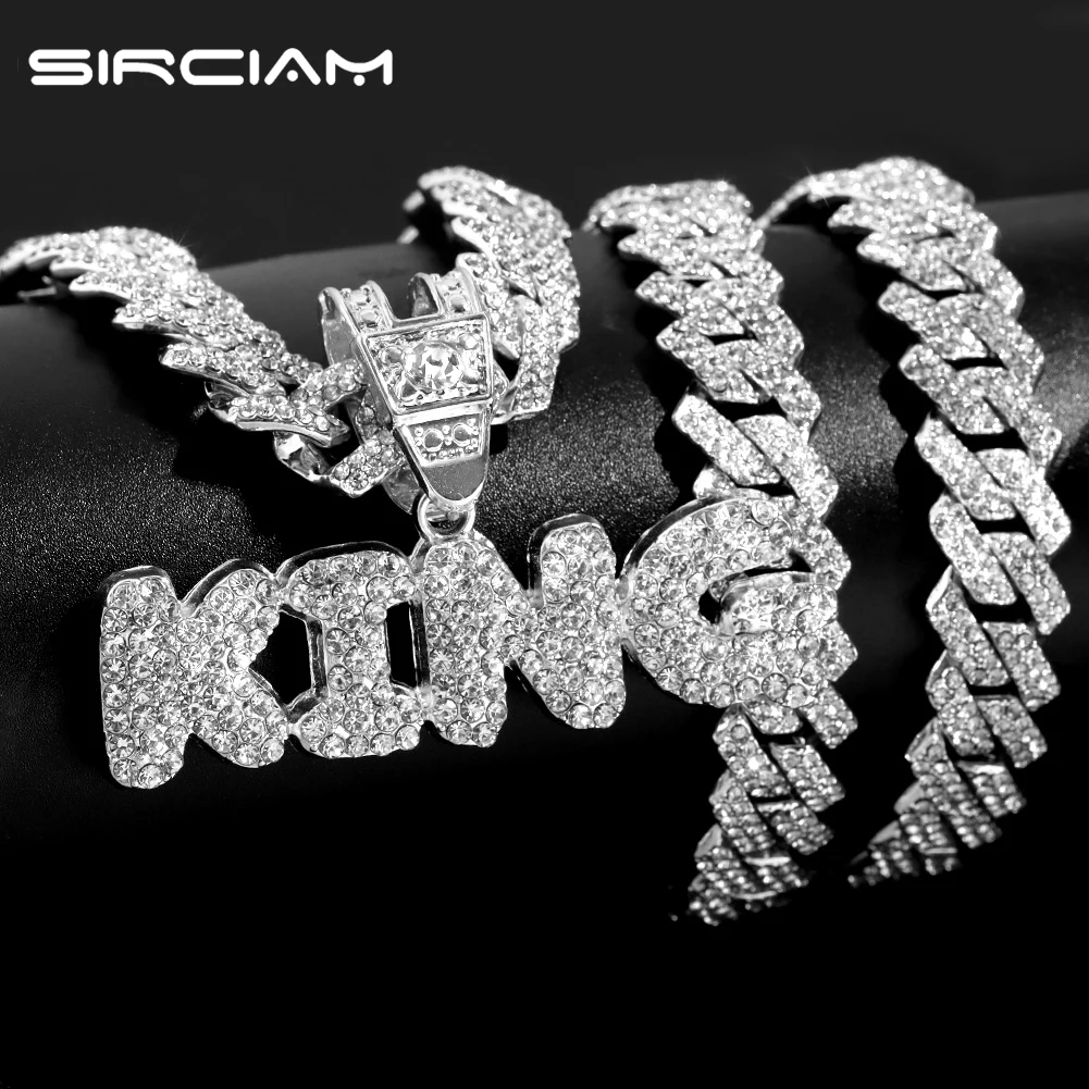 

Iced Out Full Rhinestones Paved KING Letter Pendant Necklace With 14MM Prong Cuban Link Choker Men Women Chain Necklaces Jewelry