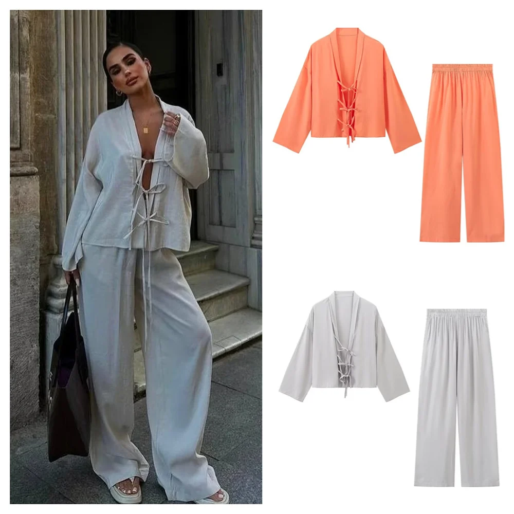 PB&ZA2024 Autumn New Women\'s Fashion Style Casual Loose and Versatile Solid Color V-neck Shirt Straight Leg Pants Set