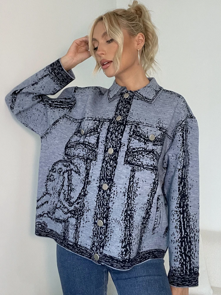 

Fashion Graffiti Lapel Knitted Cardigan Women Sweater Coat Autumn High Street Loose Knit Casual Sweater Jacket Female Cardigans