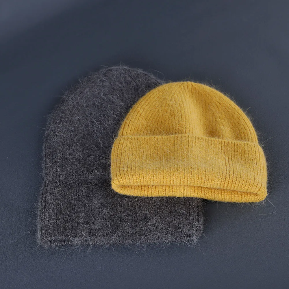 Kaninchenfell Mützen Weiche warme flauschige Wintermütze für Frauen Angora Strickmütze Skullies Beanies Weibliche Motorhaube warme Frau Strickmütze – Detail 9