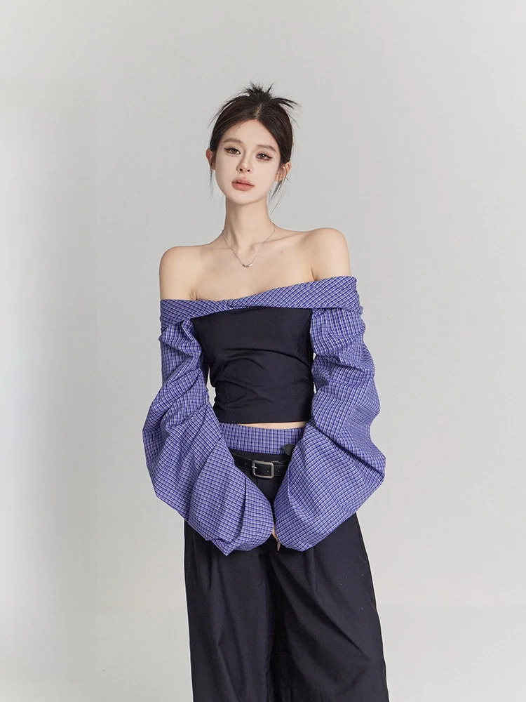 

Buleng Plaid Bubble Sve irt Women's Design Sense One-oulder Splicing Cheered Pattern Slimming Long Sve irt