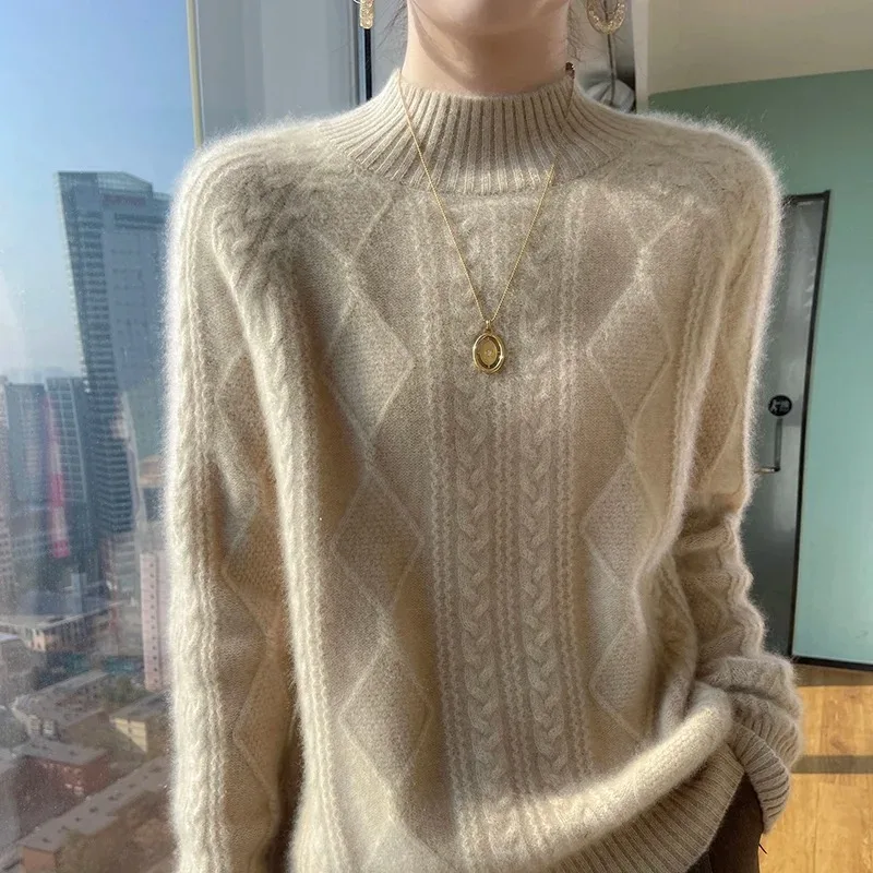 

New Autumn/winter Woolen Sweater Women's Half Turtleneck Thick Twisted Floral All-fit Loose Knit Cashmere Sweater Loose Pullover