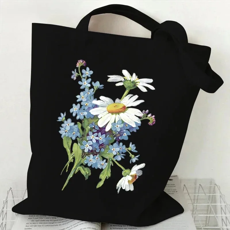 Casual Canvas Tote Bag Oil Painting Wildflowers Print Lady Shoulder Shopping Bag Plant Style Daisy Vintage Flower Women Handbag