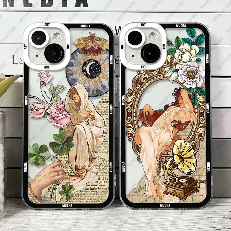 Funda para iPhone 16 15 14 13 12 11 Pro Max Mini XS X XR SE 7 8 Plus cubierta suave Alphonse Mucha Art