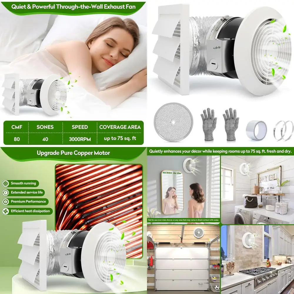 

15-Inch Retractable Duct, 6 Wall-Mounted Kitchen Exhaust Fan, 80cm Bathroom Vent, White Grille