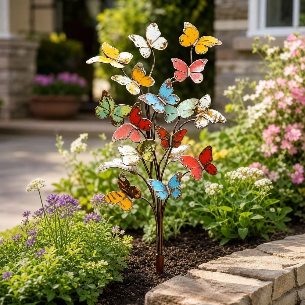 2D Flat Butterfly Garden Stake Metal Colorful Butterfly Shape Butterfly Plant Stake Decorative Metal Garden Stake
