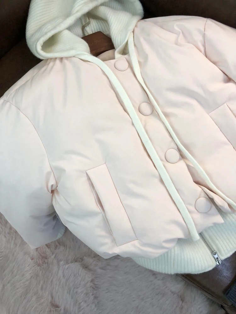 Korean Sweet Hooded Parkas Women Winter Cute Fake Two Piece Patchwork Puffy Coats Pink Zipper Lace Up Chic Warm Preppy Outwear