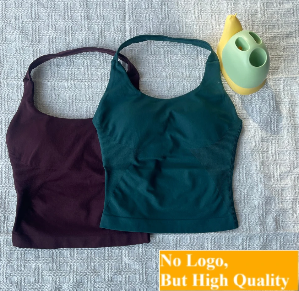 No Logo Seamless Halter Top Backless Longline Strappy Padded Gym Top Women Built-in Bra Removable Cups Activewear Yoga Tank Tops