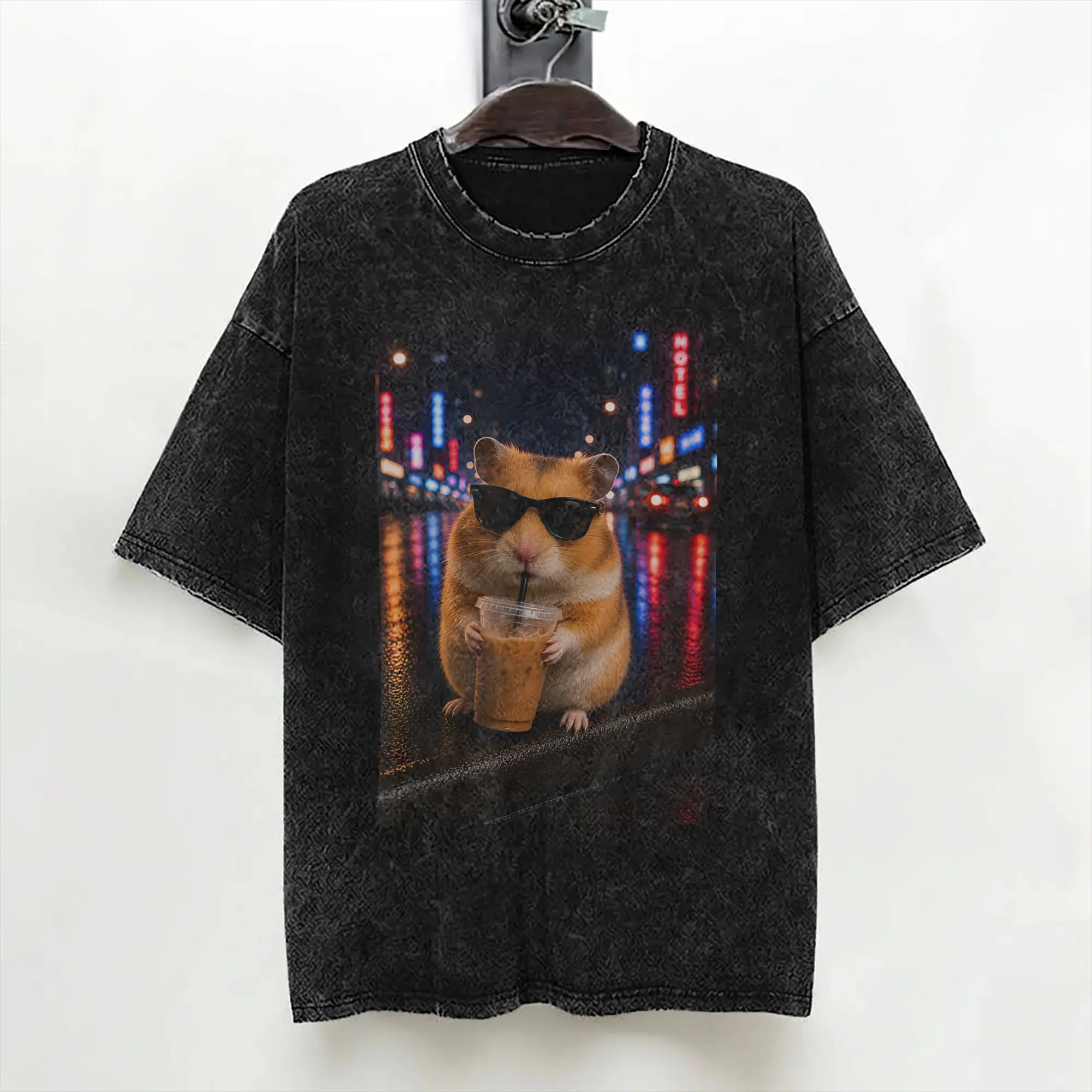 Funny Hamster Iced Coffee Funny Animal Meme T Shirts Washed 100% Cotton Oversize T-Shirt Men Women Streetwear Summer Tee Shirt