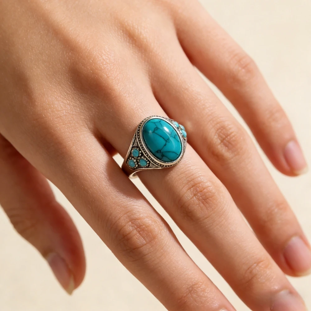 A New Creative Turquoise Ring Alloy Silver Plated Old Women\'s European and American Engagement Gift Ring