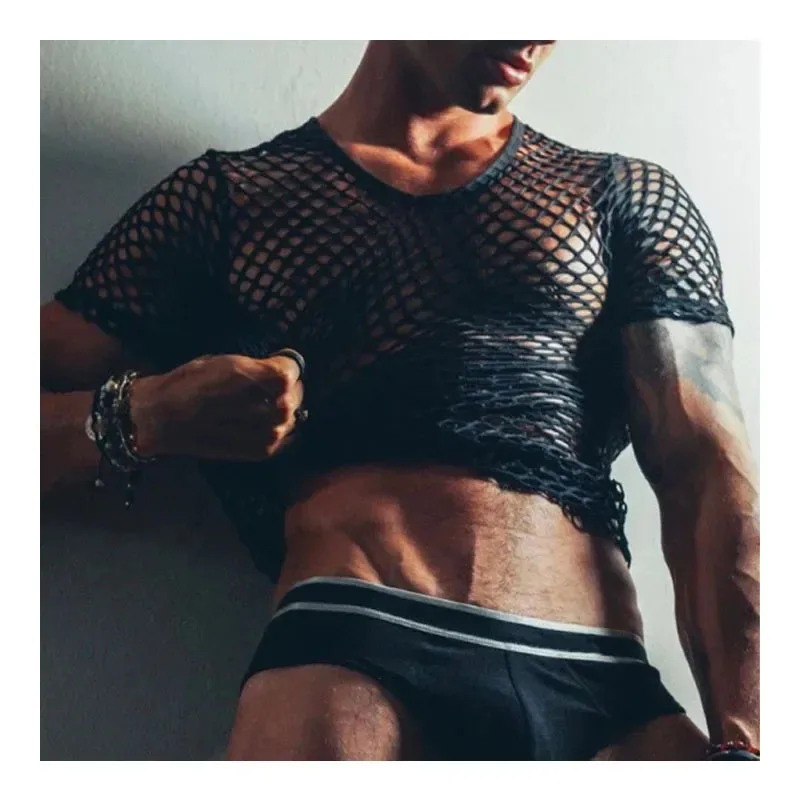 Sexy Fishnet Transparent Men's T-shirt Muscular Men Tight See-through T-shirt Top Summer Beach Men's Wear Crew Neck Pullover Top