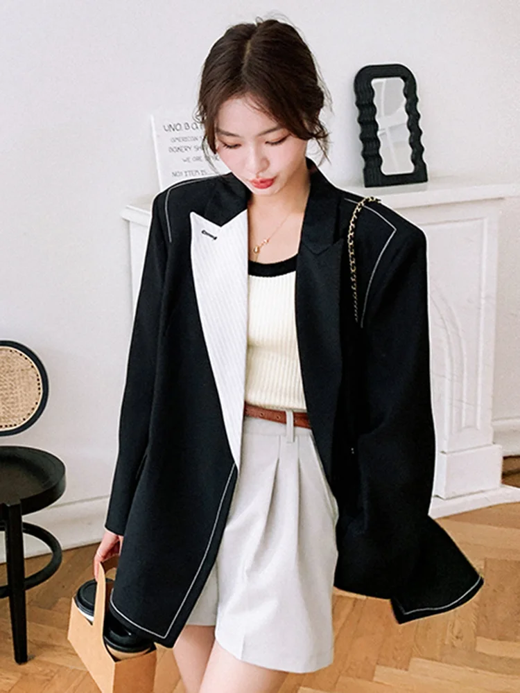 LANMREM Fashion Contrast Color Spliced Blazer Women Notched Collar Long Sleeves Single Button Coat 2023 Autumn New 2AA2393