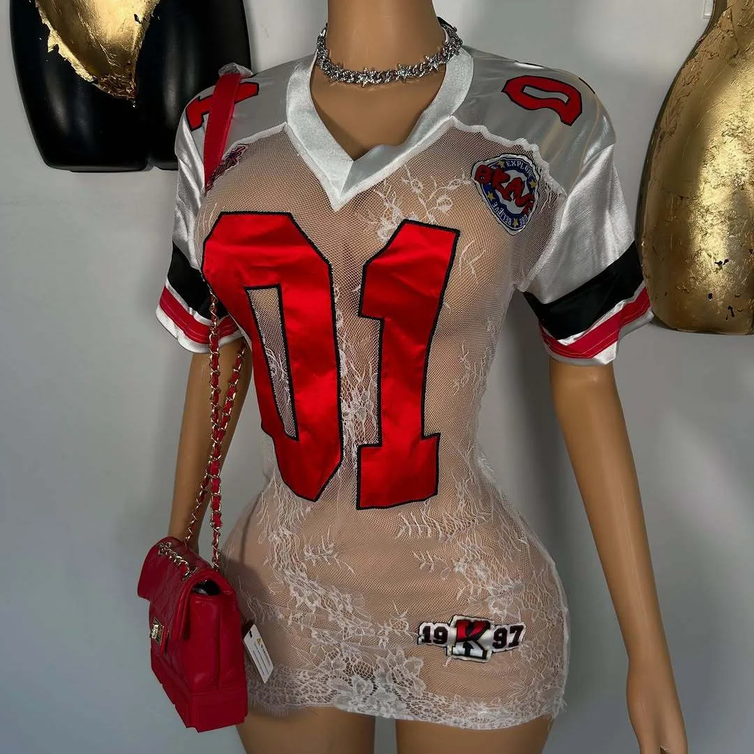 레이스 패치워크 디지털 프린트 시스루 미니 드레스 여성 2025 가을 반팔 브이넥 자카드 스트레치 파티 클럽 바디콘