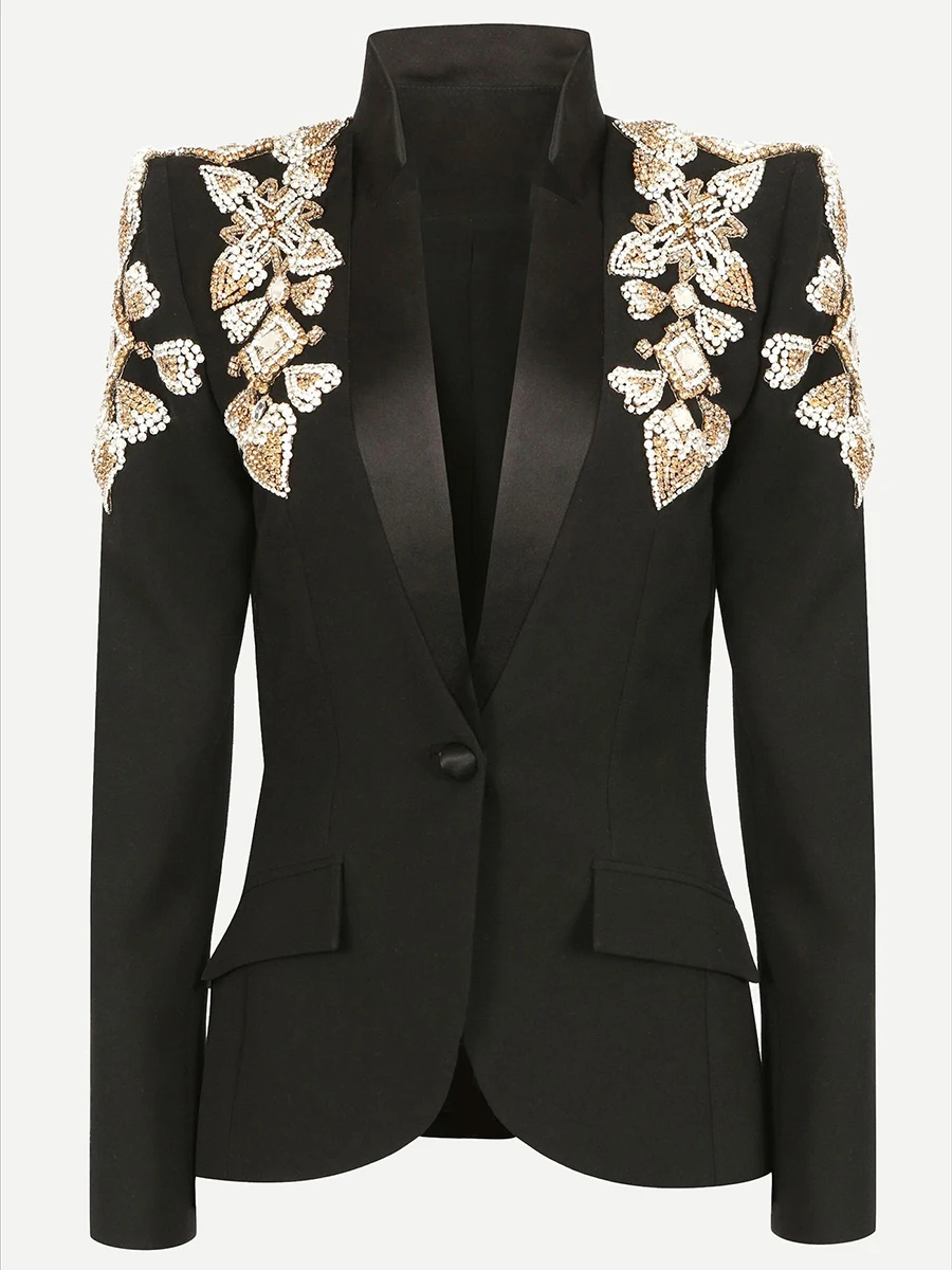 VGH Effen Kleur Afslanken Chique Jas voor Vrouwen Nothced Kraag Lange Mouw Patchwork Kralen Blazer Jassen Vrouwelijke Herfst Nieuwe Stijl