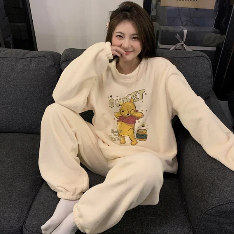 Disney Mickey autumn and winter new cartoon cute Winnie the Pooh rice velvet pajamas women\'s warm animation loungewear