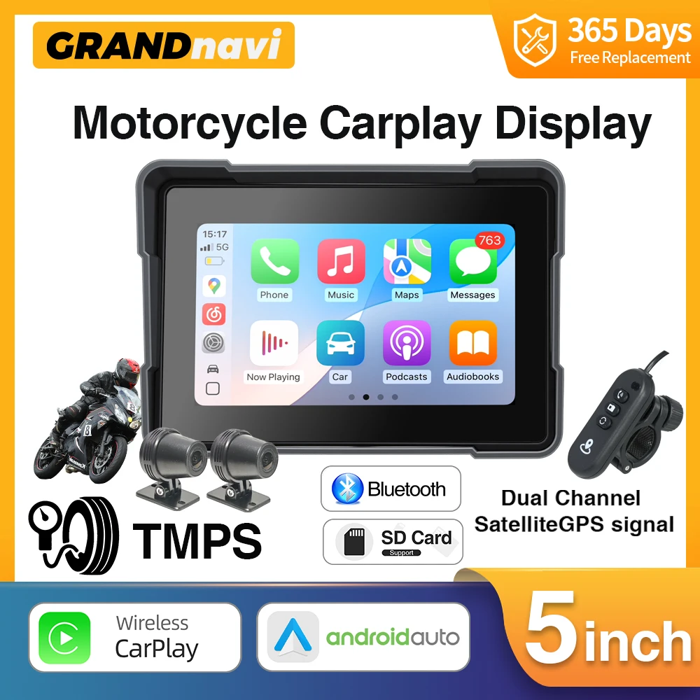 

Carplay Android Auto Portable Digital Motorcycle Dashboard 5Inch Display Screen Car DVR IP67 Waterproof With 2 Cameras