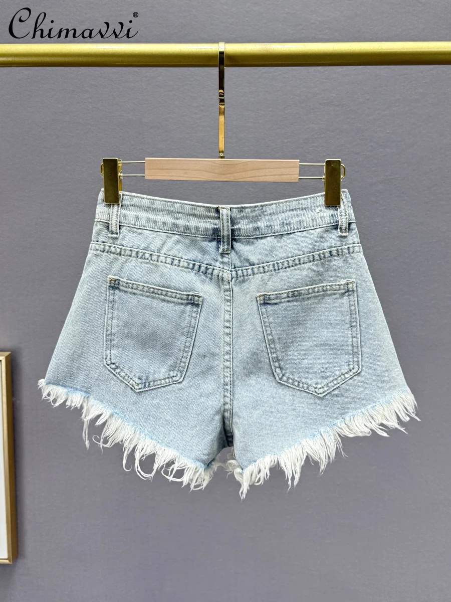 ヘビーダイヤモンドフリンジデニムショーツ女性の 2025 夏服新ファッションハイウエストスリムフィットヨーロッパワイドレッグホットパンツ