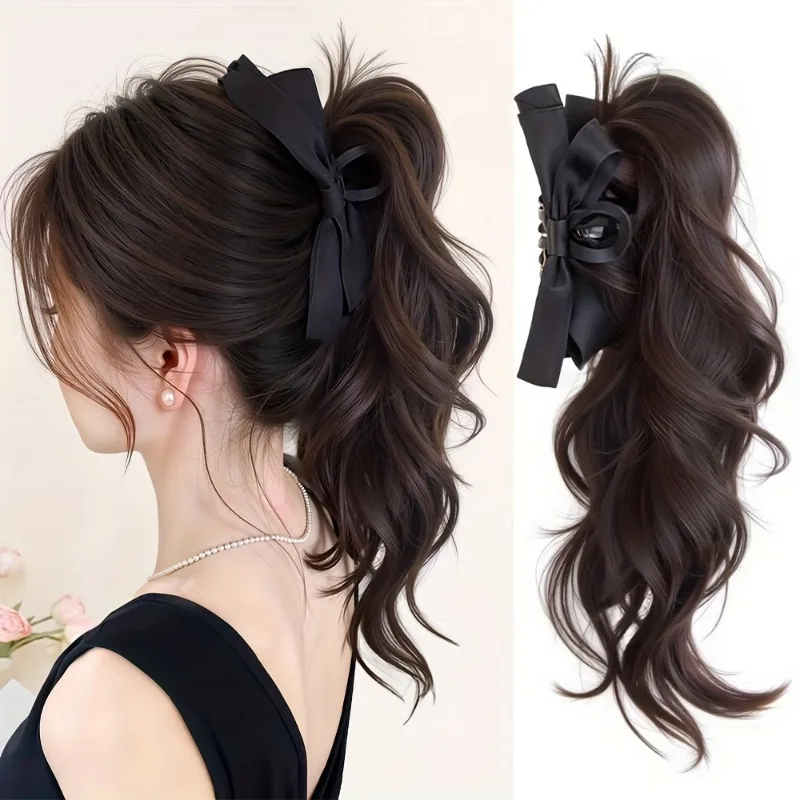 14inch Synthetic Bow Tie Claw Ponytail Hair Extensions Fluffy Ribbon Clip Ponytail Wig Layered Wavy Hairpiece For Women Wear